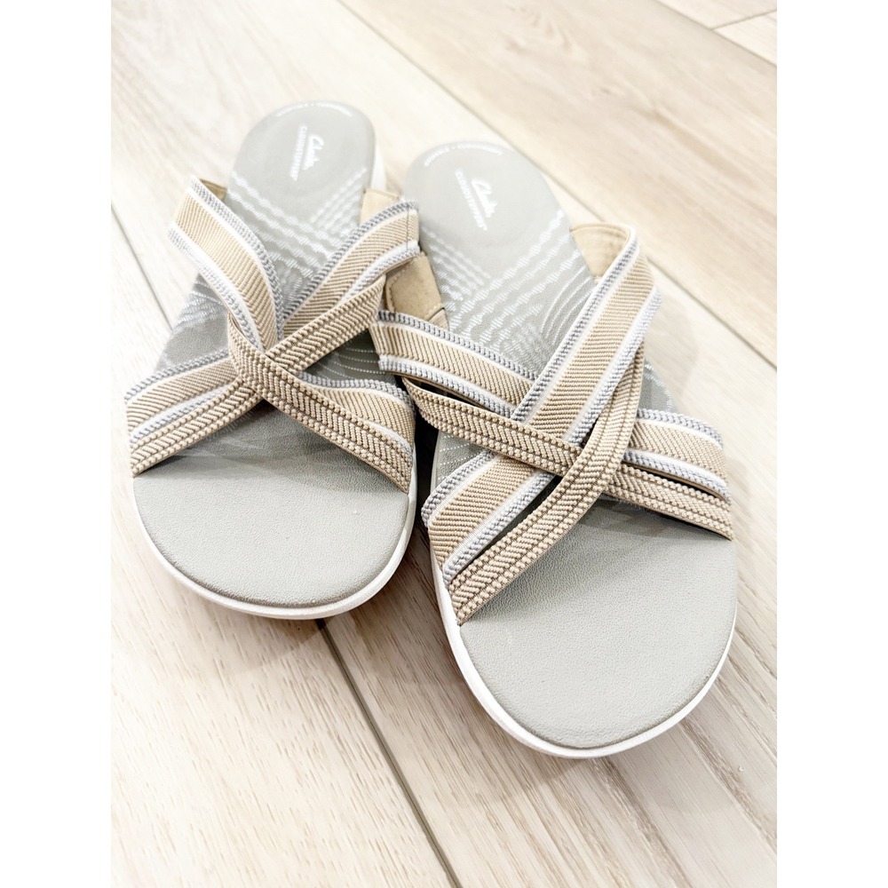Clarks Cloudsteppers Arla Kaylie Sand Grey‎ Multi Strap Slide Sandals Womens